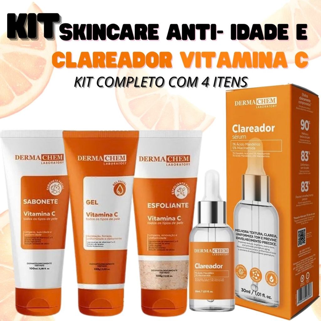 Kit 4 Itens Skincare Vitamina C Dermachem Clareador, Anti-idade, Anti-manchas Pele Iluminada