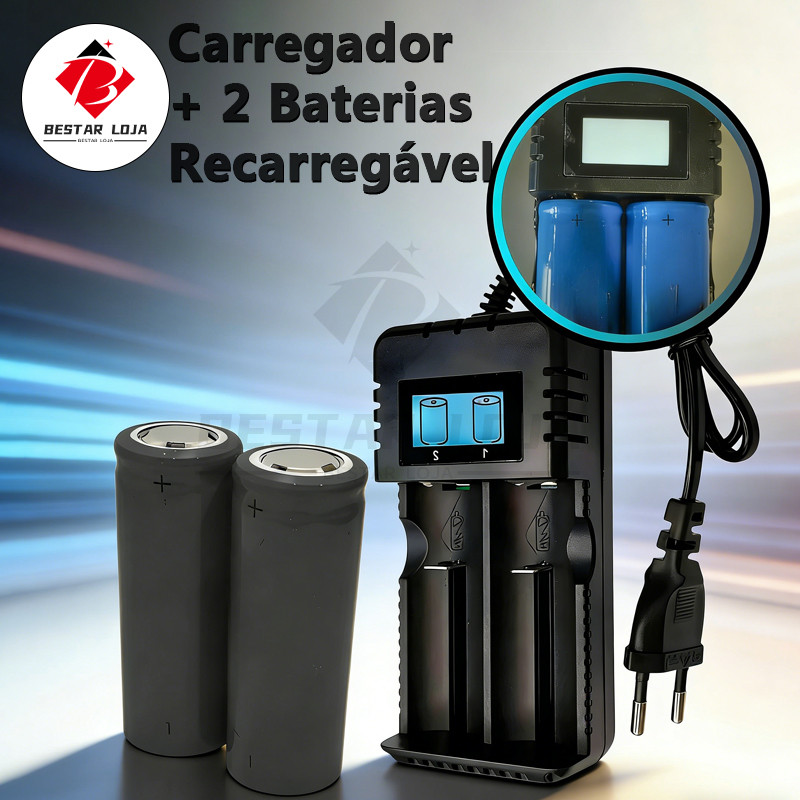 BESTAR LOJA  Carregador + 2 Baterias Recarregável 26650 Para Lanterna Led