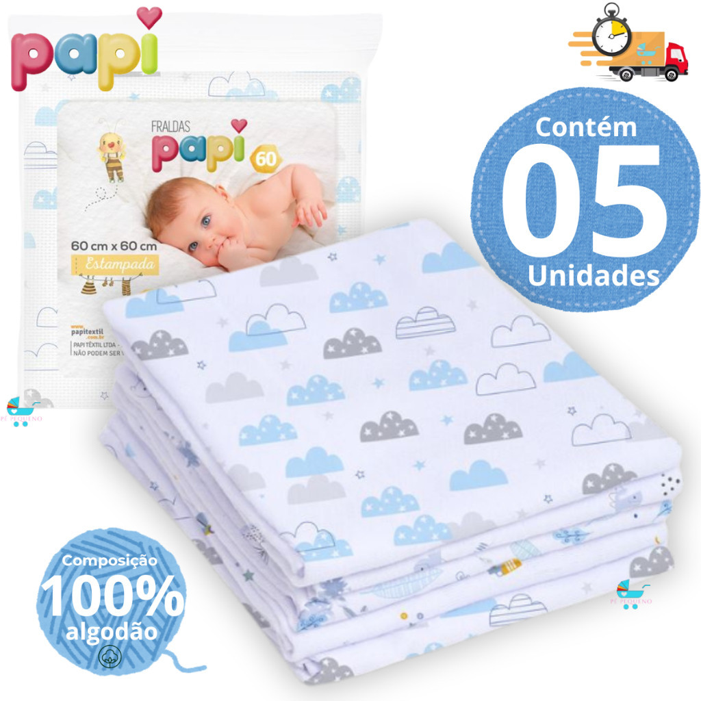 Fralda de pano kit com 5,10 ou 15 unidades fina 65x65cm 100% algodão – Papi Enxoval Infantil Bebê.