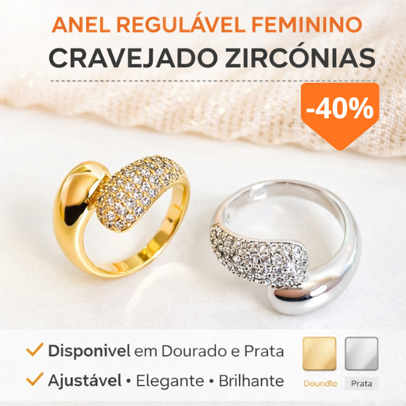 Anel Regulável Feminino Cravejado Pedra de Zircônia 2 Gotas Folheado a Ouro e Prata 925