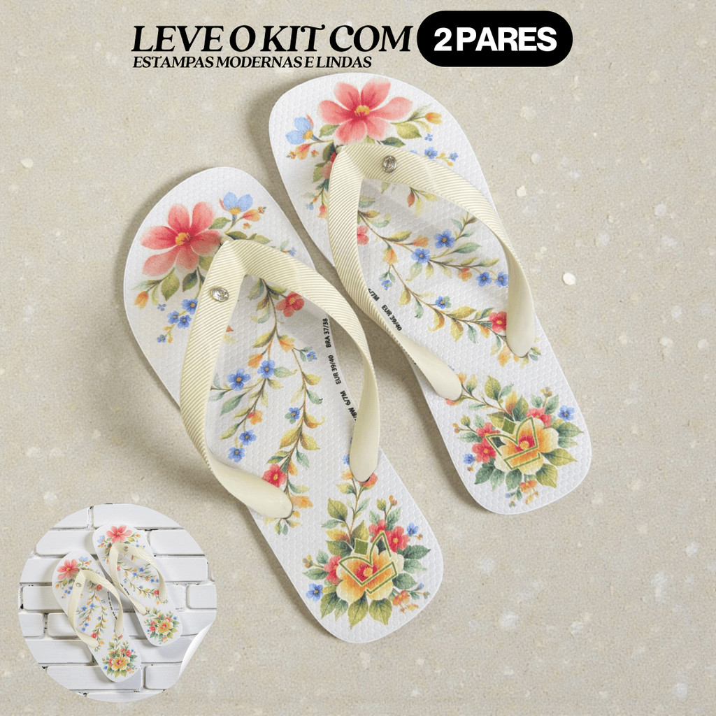 Kit 2 Sandália Feminina Tipo Chinelo Havares Emborrachada Super Confortável Bege Flores