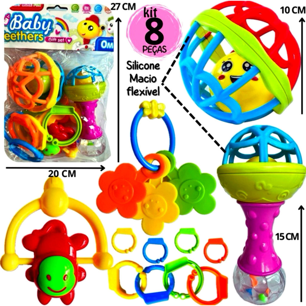 Kit Brinquedo Bebe Chocalho Mordedor Silicone Macio Bola Colorida 8 Peça Presente Para Menina e Menino Móbile para Berço