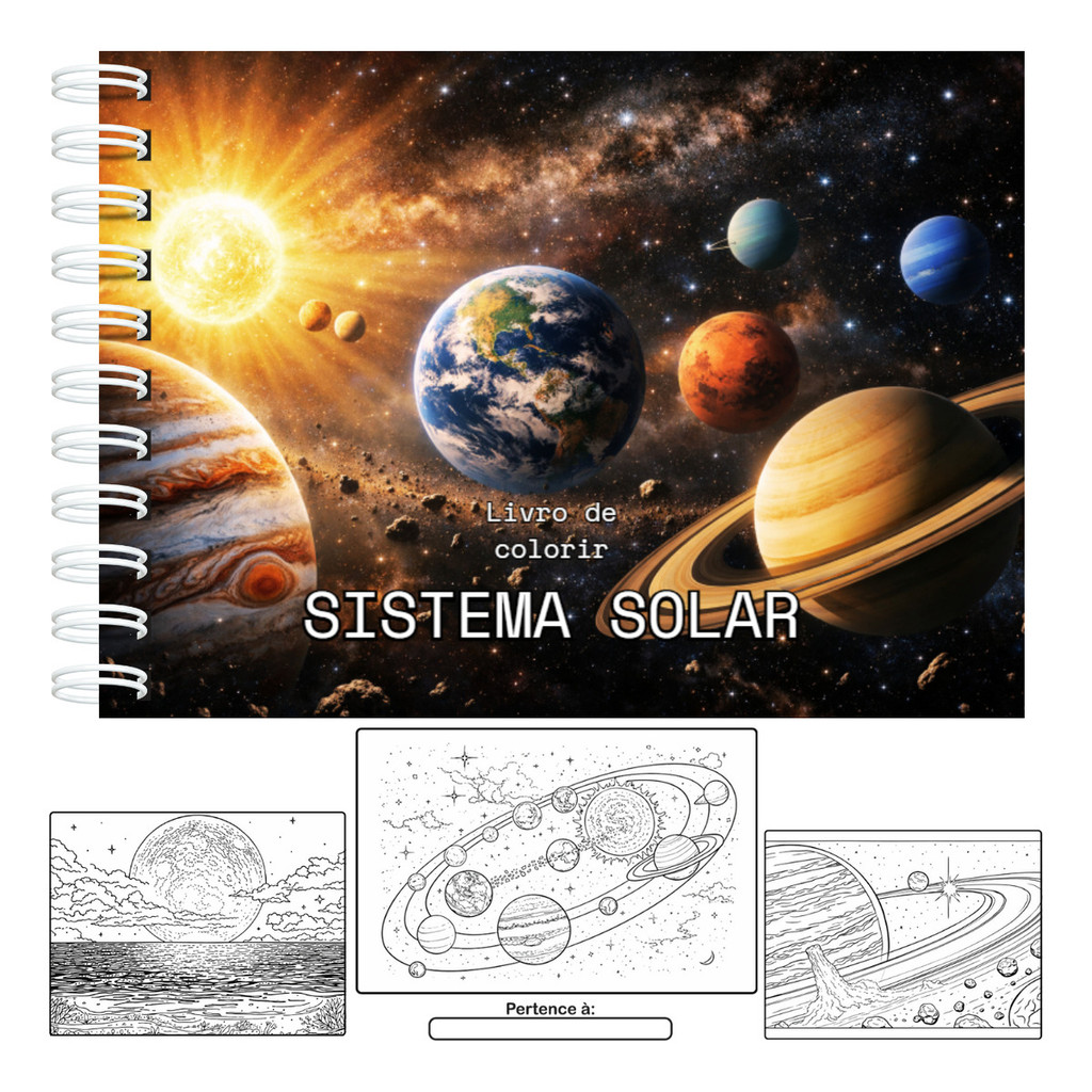 Livro De Colorir Educativo Sistema Solar Planetas Capa Dura 50 Páginas 180g A5 Laminação Fosca Ou Brilhosa 