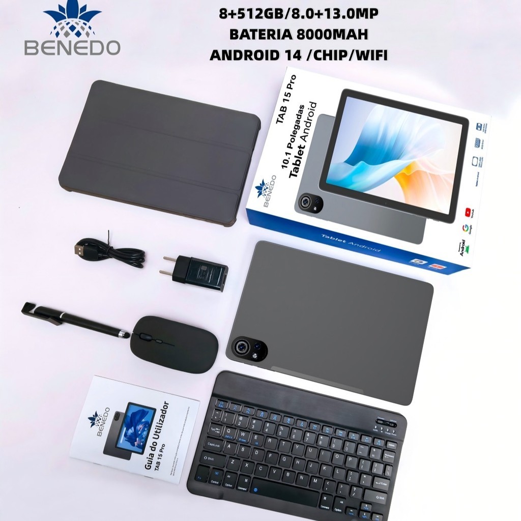 Tablet 15 PRO 10.1 Android 14 8000mah Wifi com chip  , Teclado+Mouse 8GB RAM 512GB Câmera Bluetooth