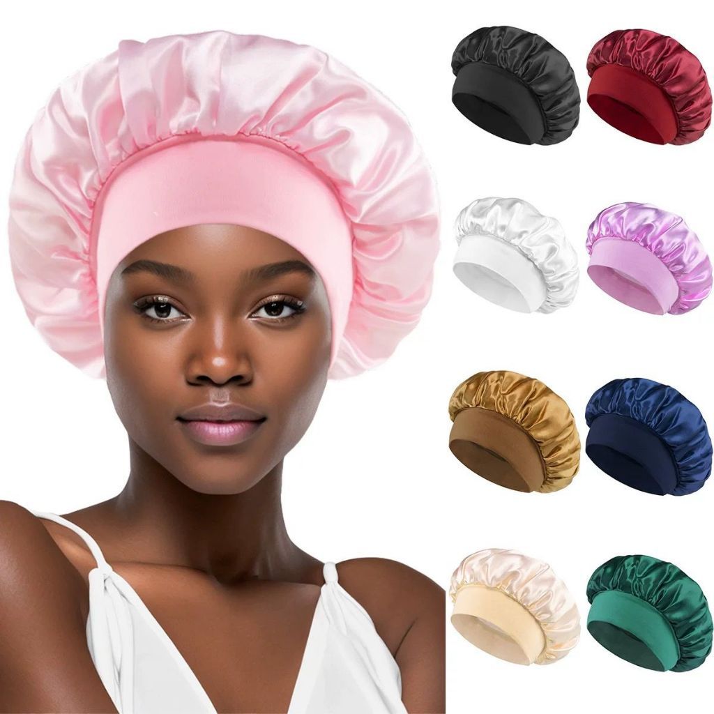 kit 2 Touca/Gorro de Dormir de Cetim com Aba Faixa Larga Gigante Cabelo Anti Frizz Toca Head