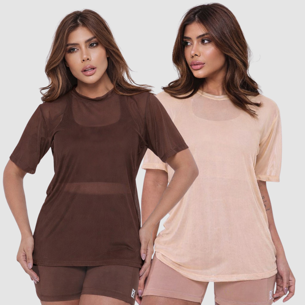 Kit 2 Blusa de Tule Transparente Feminina Look Fitness Basico Academia