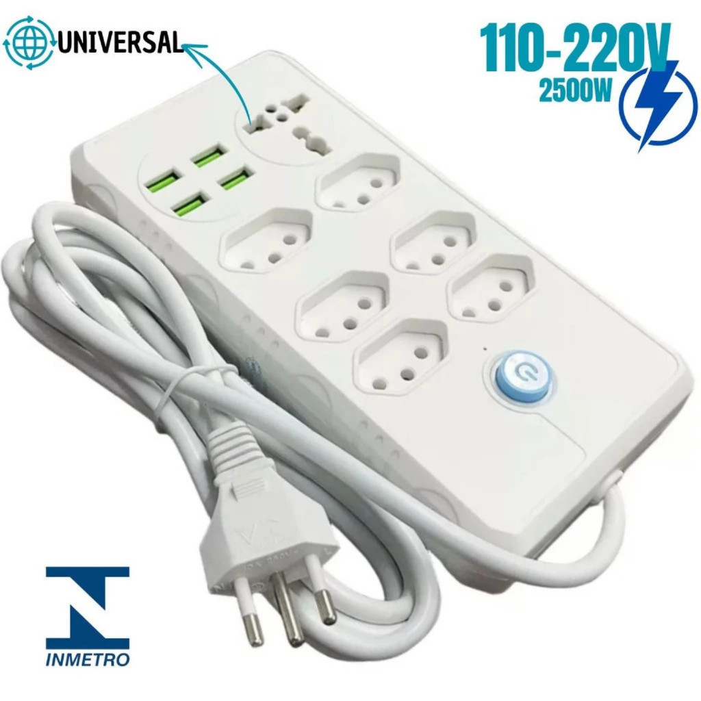 Nova atualização! Filtro de Linha Extensão com 7 Tomadas e 4 USB Bivolt  110/220V 10A Cabo de 2 Metros