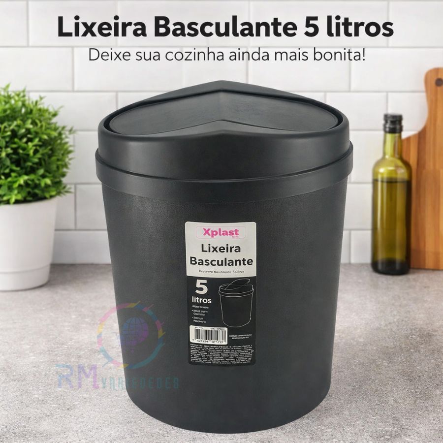Lixeira 5 Litros Com Tampa  Cesto Oscilante  de Plástico Preto Cozinha Banheiro Escritório