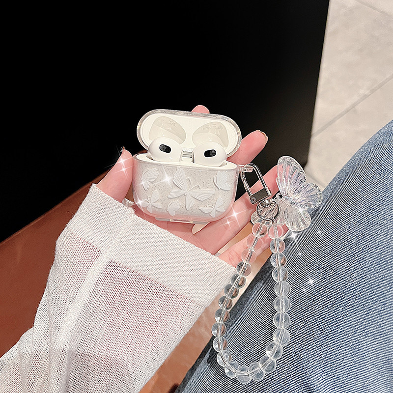 Capinha AirPods de AirPods Borboleta 3D Com Pulseira de Miçangas de Cristal Luxo e Brilho para AirPod Ultra Resistente