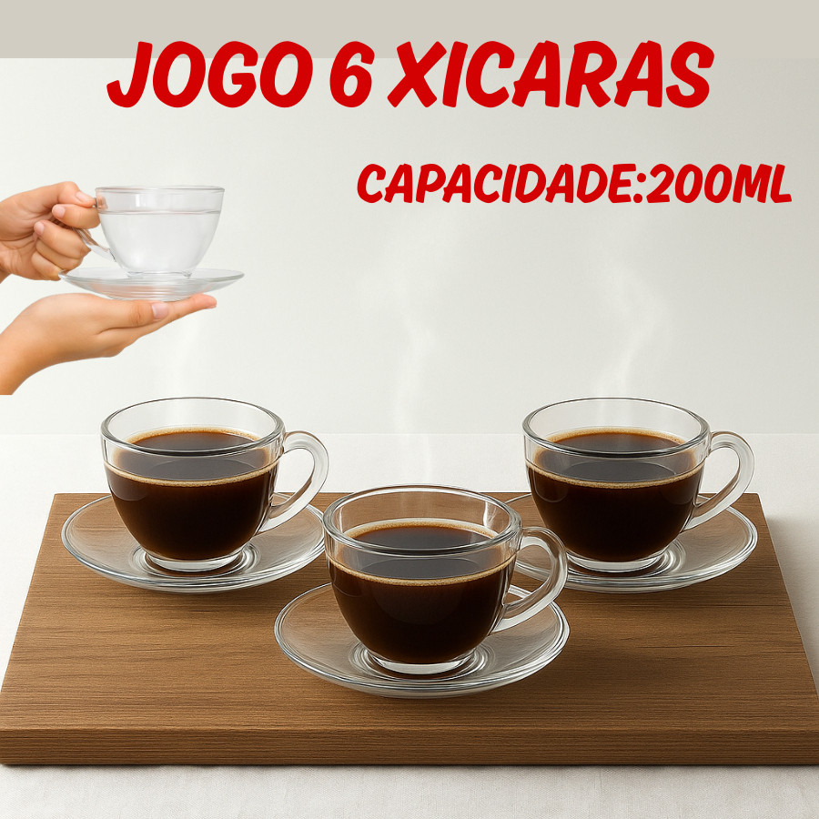 Jogo 6 Xicaras 200ML Modelo Veneza Vidro Transparente Cafe Chá Bebidas Louças Elegante