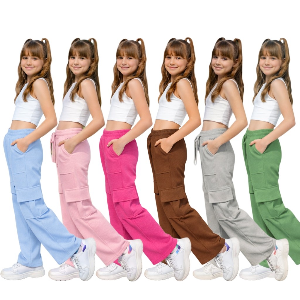 Calça Cargo Moletom  Juvenil Bolsos Laterais Premium
