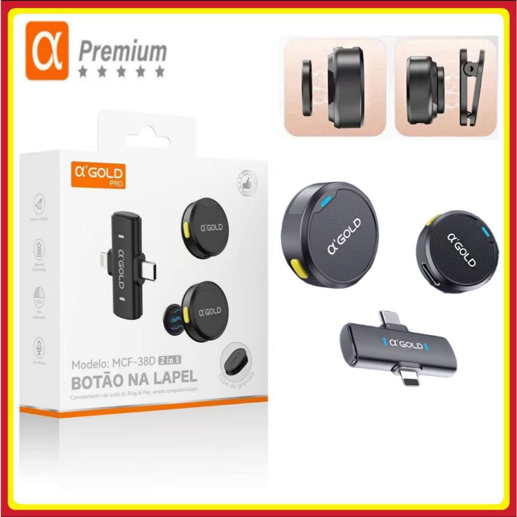 Microfone Lapela Duplo Redondo Magnético A’Gold 2 em 1 Iphone Tipo-C Botão Na Lapel Sem Ruido iPX4