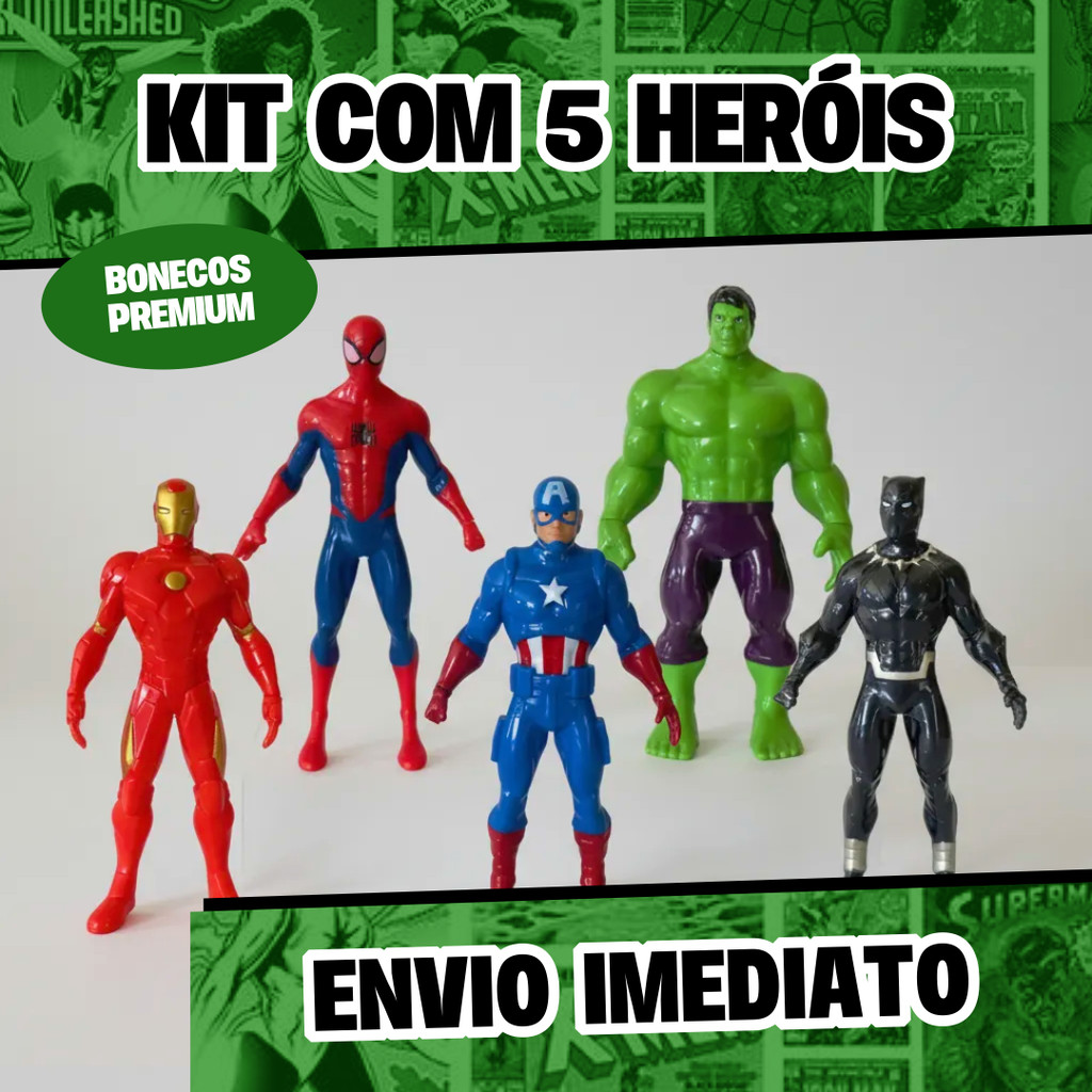 Kit 5 Bonecos Colecionáveis Super Heróis Vingadores Homem De Ferro Capitão América Homem Aranha Hulk e Pantera Negra