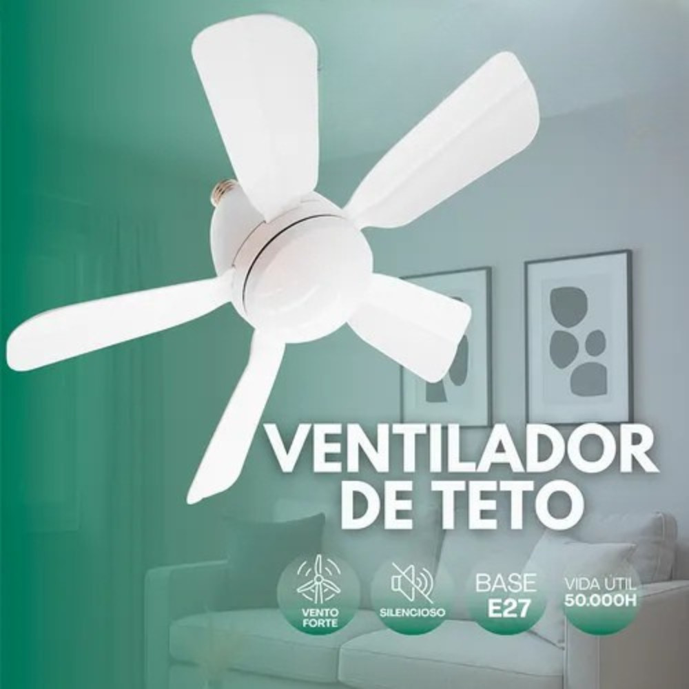 Ventilador de Teto  Turbo Silencioso Oval 80w 5 Pás LED 3 Cores E27 Controle Função Timing Bivolt