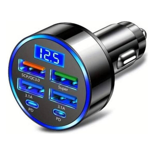 Adaptador de carro Carregador celular rapido 6 Portas 2 USB-C 4 USB-A Smartphone Tablet 12v preto