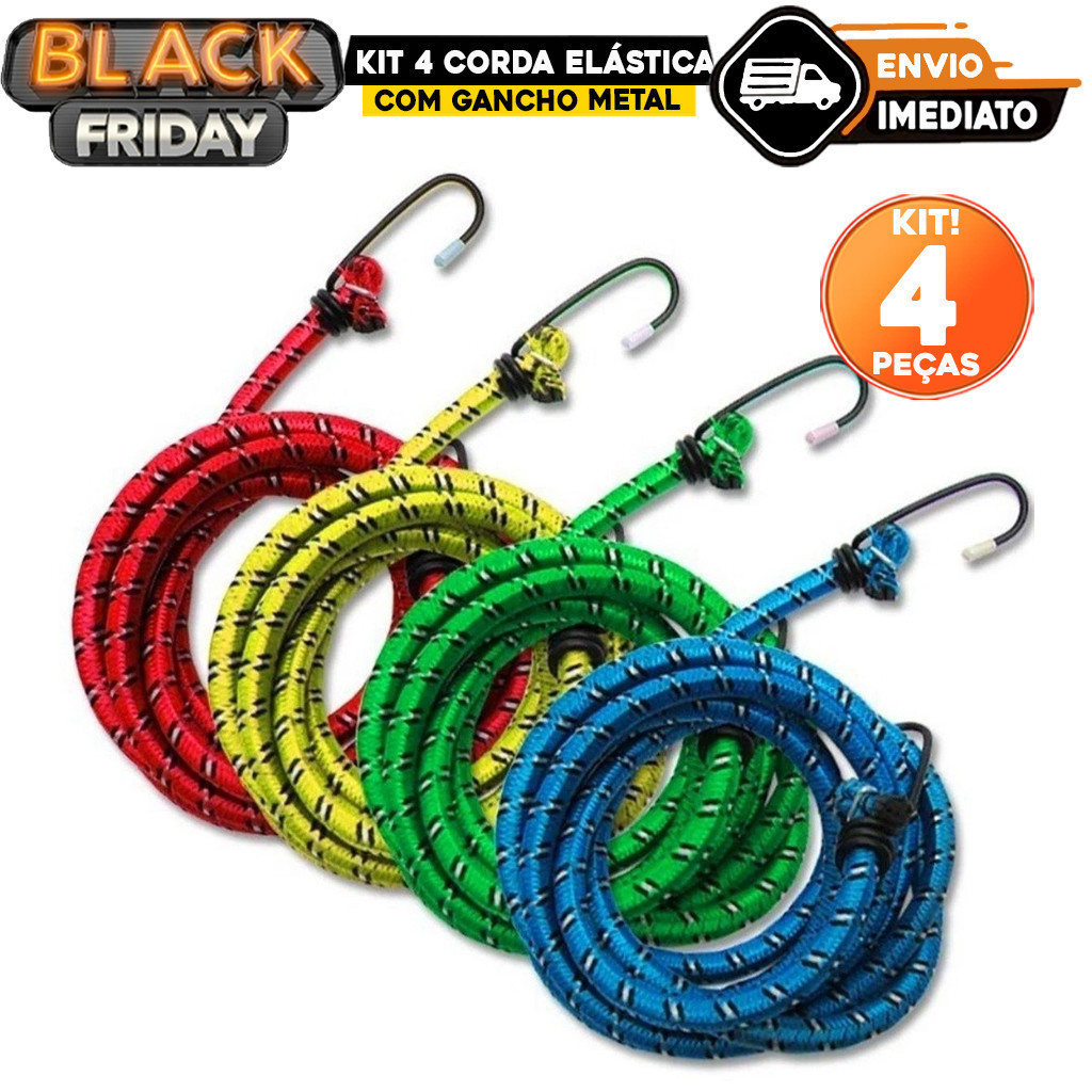 Kit com 4 Unidades de Corda Elástica 2m x 8mm com Gancho – Fertak Tools