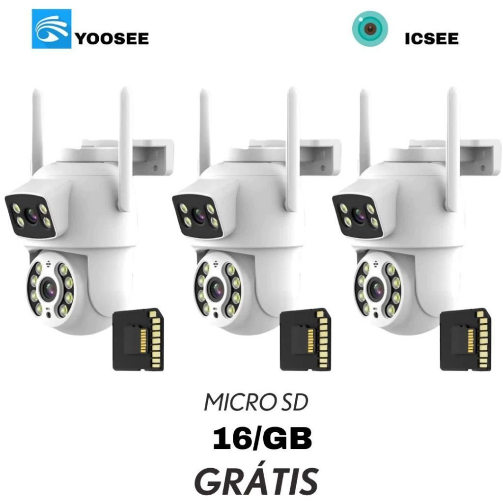 KIT3 Câmera De Segurança Lente Dupla IP66 Wi-Fi 360° Sensor Movimento Visão Noturna+MICROSD 16GB