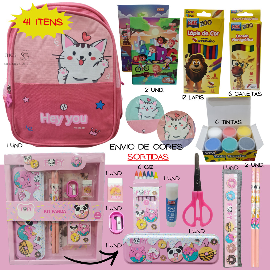 Kit Escolar com ou sem Mochila Completo 41 itens Menino e Menina Serie Primaria