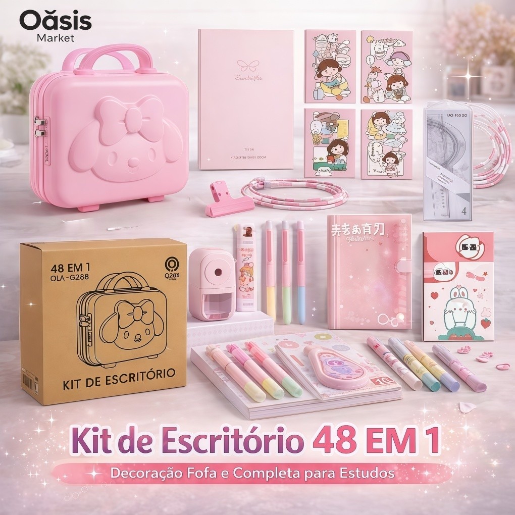  Maleta de Papelaria Infantil 48 em 1 Rosa com Senha | Kit com Cadernos, Canetas, Marca Texto, Lápis e Acessórios