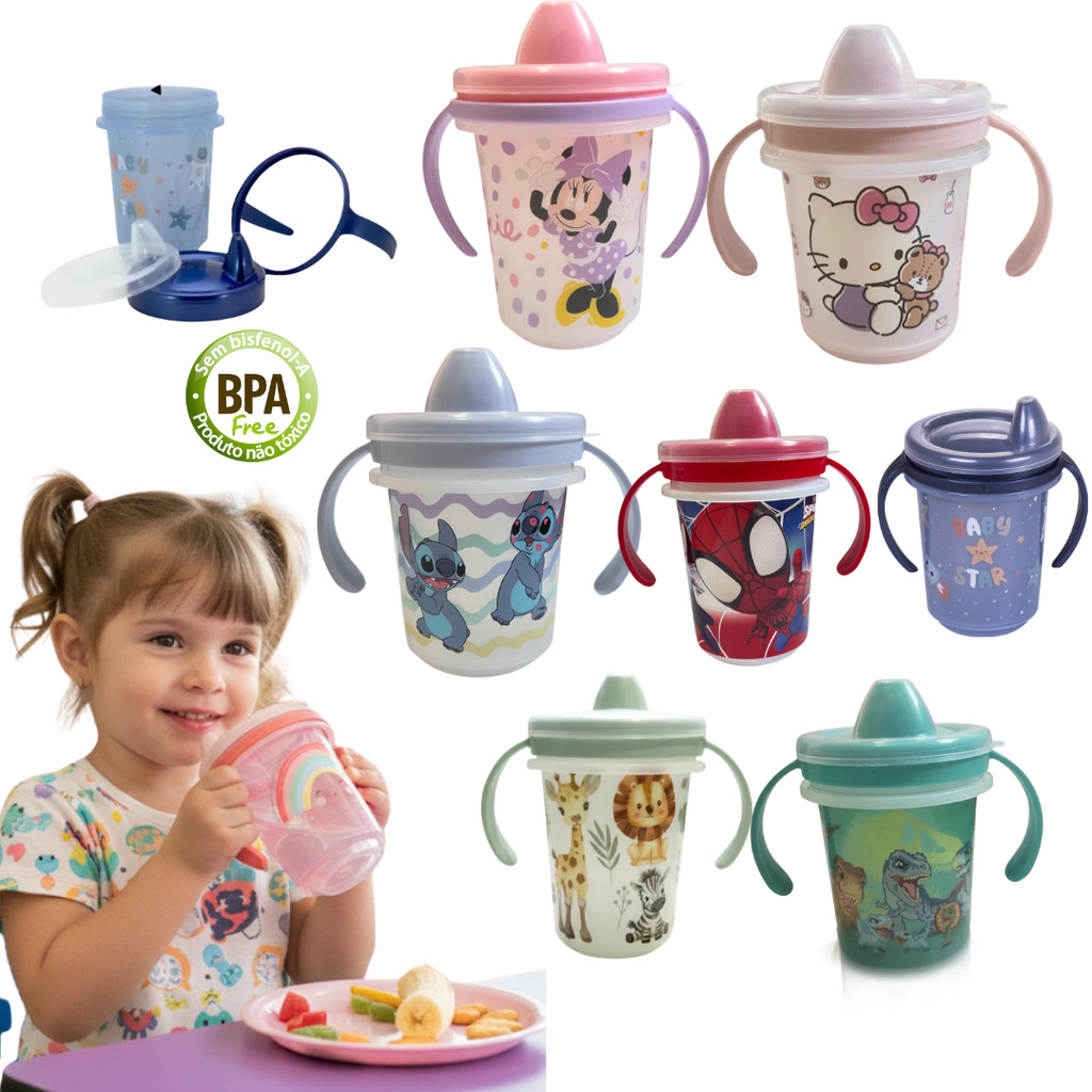 Copo Caneca treinamento Infantil com alça removível bebê Disney Minnie Homem Aranha Dinossauro Stich