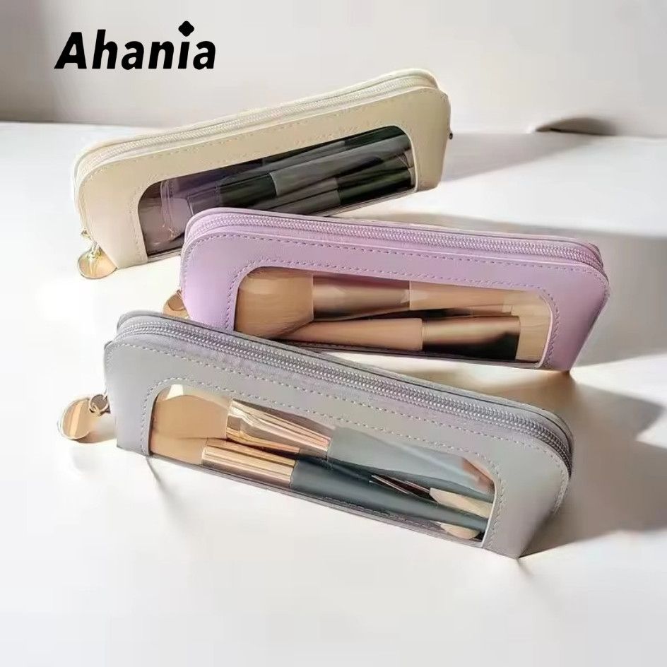 Necessaire Estojo Para Pincel de Maquiagem, Couro PU Com Janela Visível Em PVC , Papelaria Para Estudantes,Porta Canetas