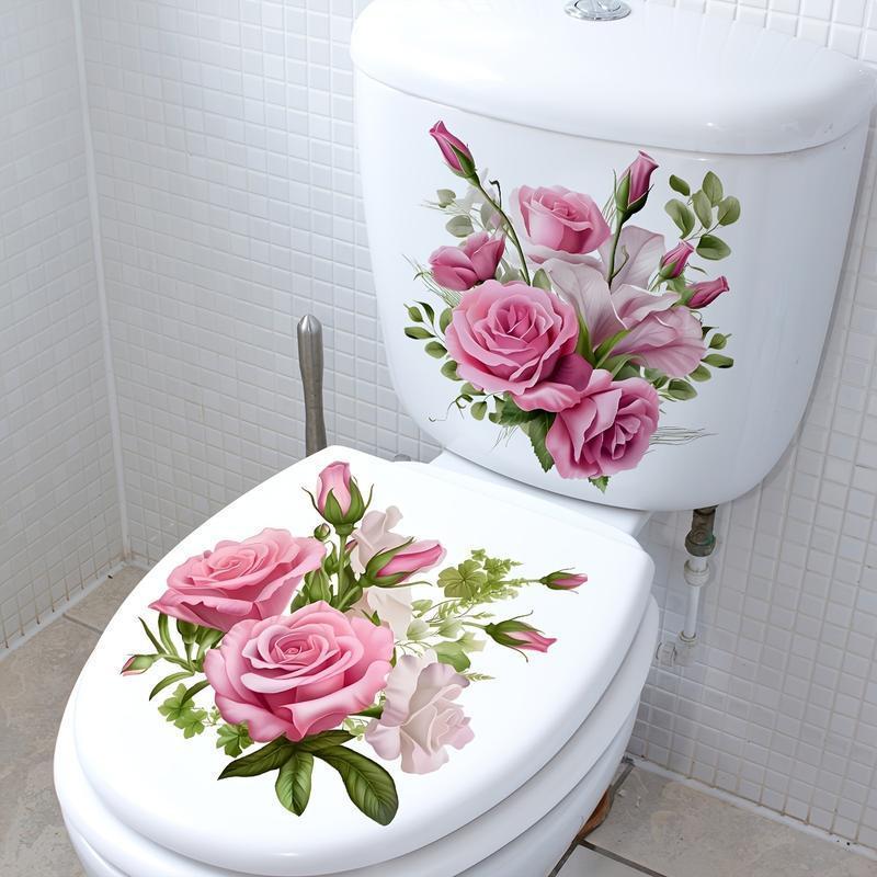 Adesivo De Buquê De Rosas , 2 Peças , Capa De Assento De Vaso Sanitário À Prova D'água Autoadesivo Para Tampa De Banheir