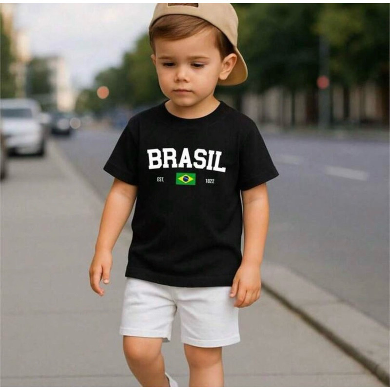 Camiseta Camisa Infantil 100% algodão Unissex Brasil Copa selecão Comemoração Moda para Menino e Menina Confortável