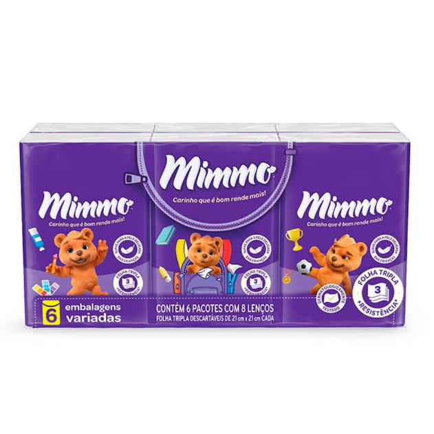 Mimmo Lenço de Papel Folha Tripla Descartável 6 pacotes com 8 Unidades