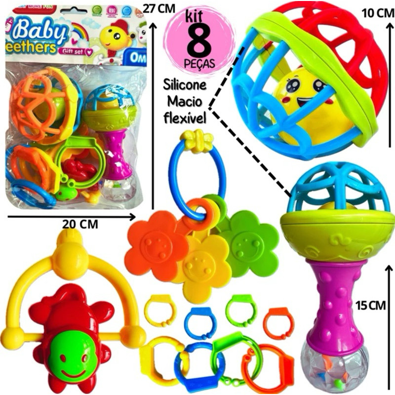 Kit Brinquedo Bebe Chocalho Mordedor Silicone Macio Bola Colorida 8 Peças Para Menina/Menino Móbile