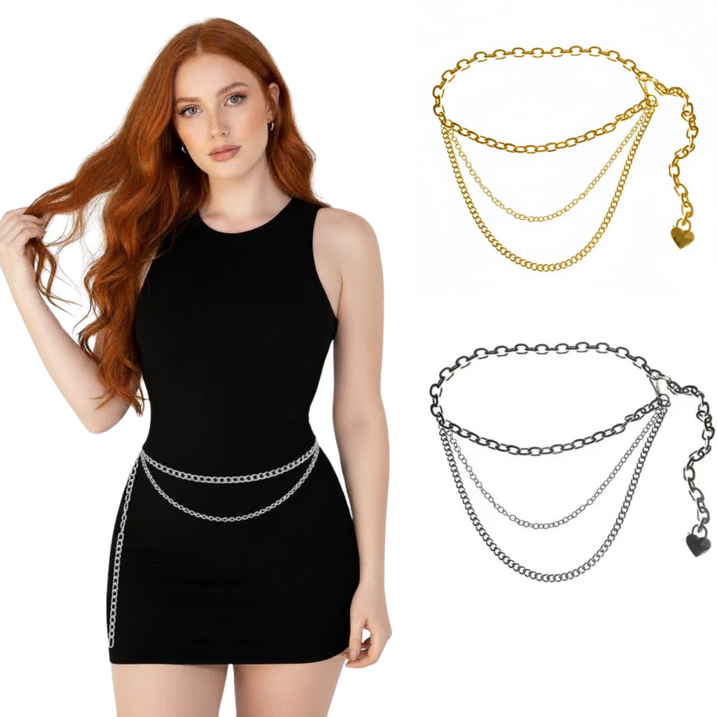 Cinto Feminino 3 Correntes Lindo Moda Gringa Prata ou Dourado