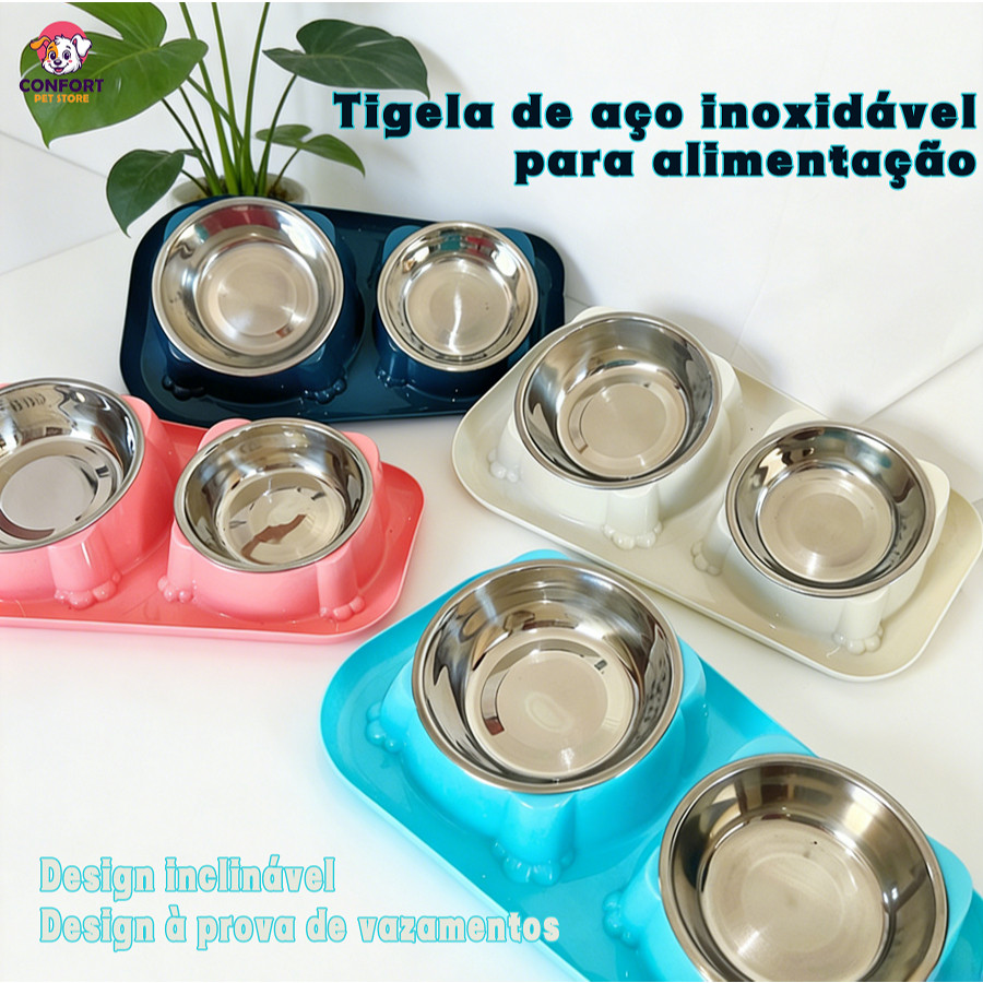 Comedouro e bebedouro 2 em 1 inox Duplo para bicho de estimação cachorro ou gatos C/antiderrapante Design inclinado