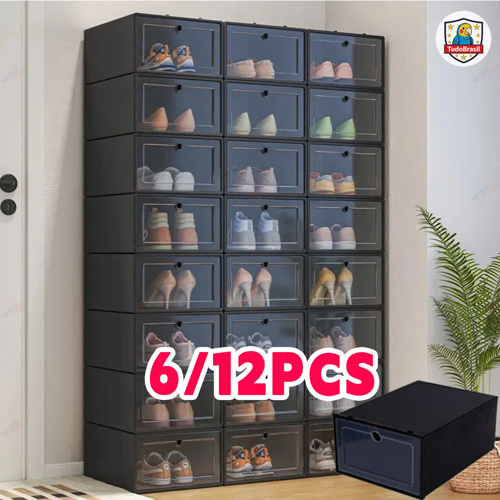 Caixas Organizadoras p/ Sapatos, Empilháveis c/ Tampa Flip – 6 ou 12 Unid
