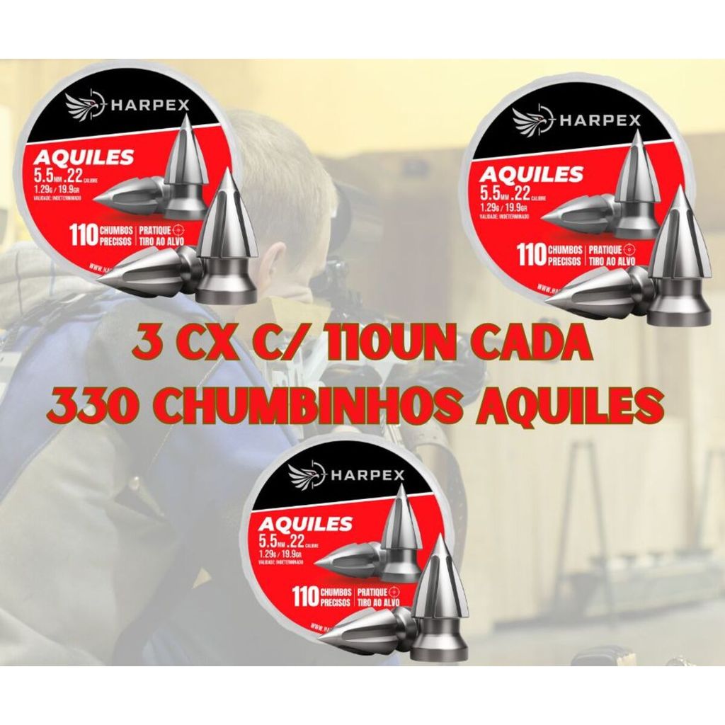 Kit 330 Chumbinhos Harpex Aquiles 5.5mm Pointed 1,29g – Tiro Esportivo