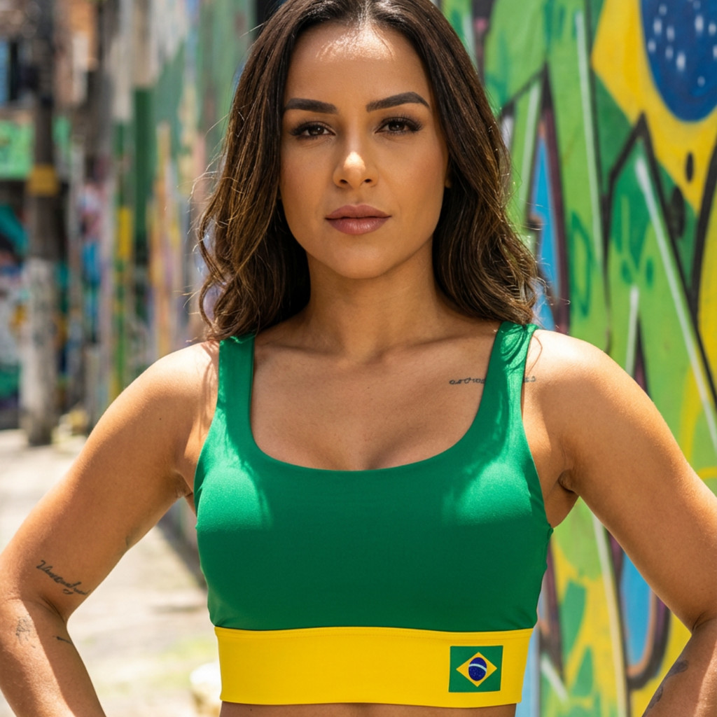 Top Brasil Feminino Roupa Fitness Casual Moda Copa Do Mundo Feminina Cropped Reforçado de Academia Malhar Treino Topper