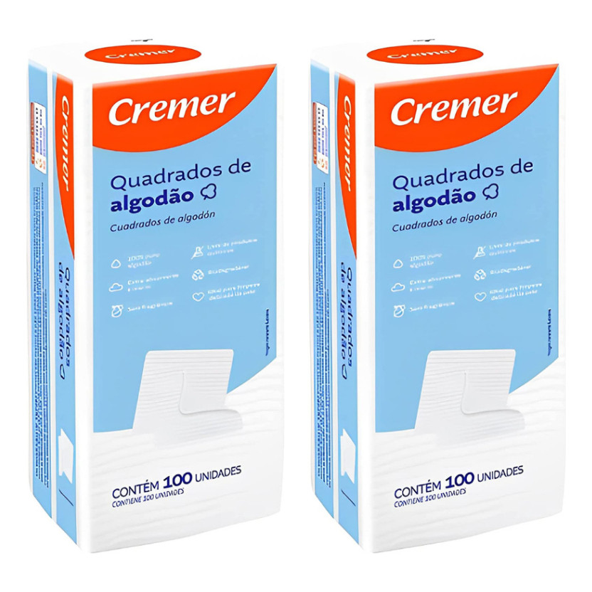Algodão Quadrado Sem Perfume Cremer 100un Kit Com 2 Pacotes