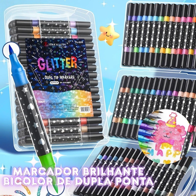 Marcador metálico glitter cabeça dupla marcador de cabeça dupla brilhante canetinhas coloridas