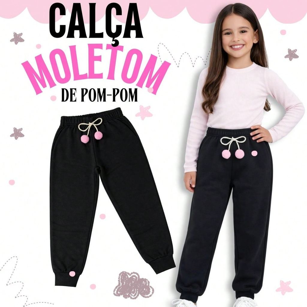 Calça Moletom Infantil Feminina Peluciada com Pom‑Pom