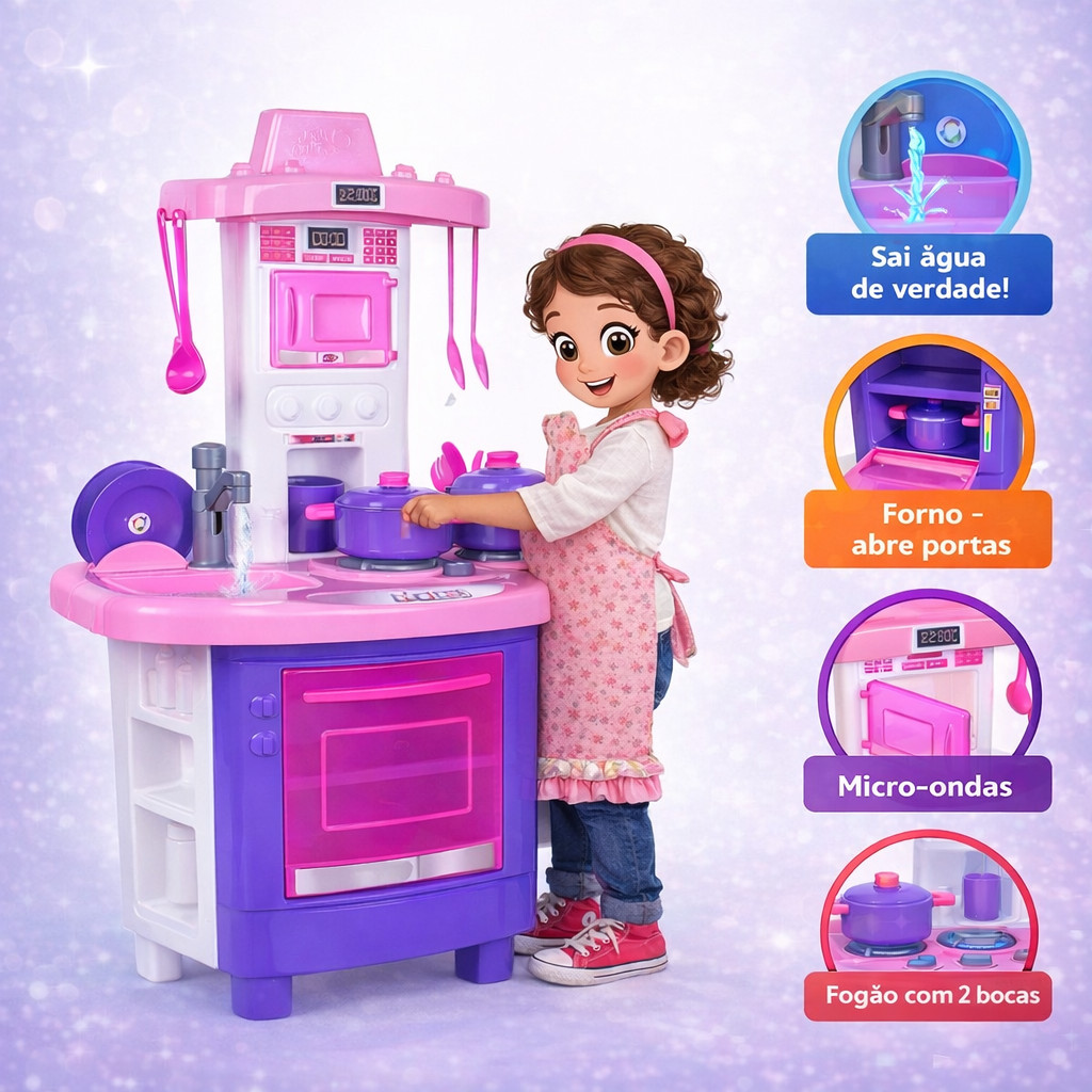 Cozinha infantil grande completa mini fogão panelas acessórios Saí água de verdade