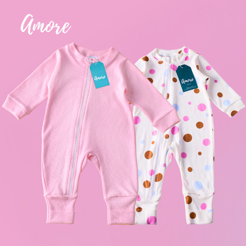 Roupa Para Bebê Kit 2 Macacão Amore Vira Pé Bolinha Rosa e Rosa 100% Algodão