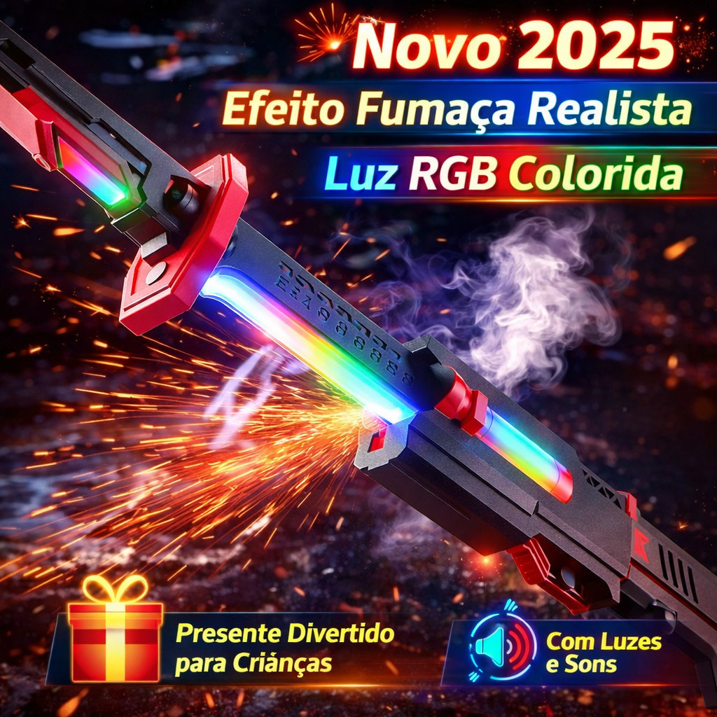 Espada de Brinquedo com Luz LED RGB e Spray de Água – Brinquedo Infantil Luminoso Recarregável
