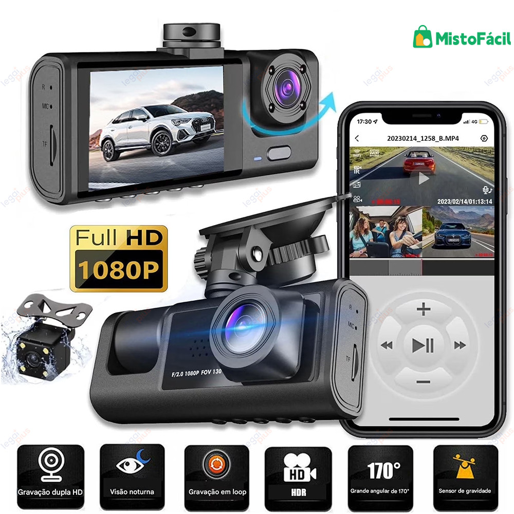Sistema de Gravação Dupla para Carro com Wi-Fi - Câmeras Dianteira e Traseira em Full HD