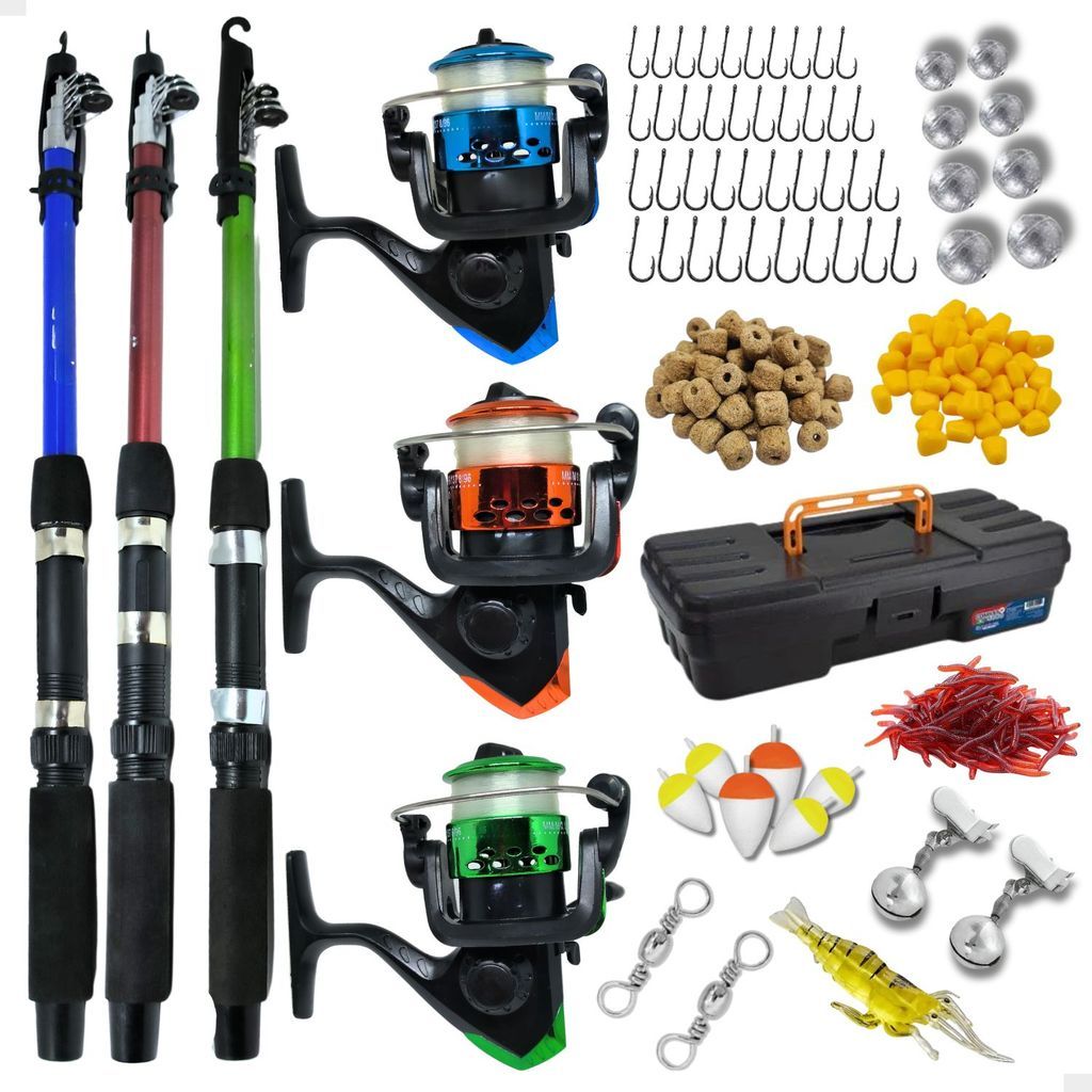 Kit De Pesca 3 Vara E 3 Molinete Com Linha Maleta Acessórios