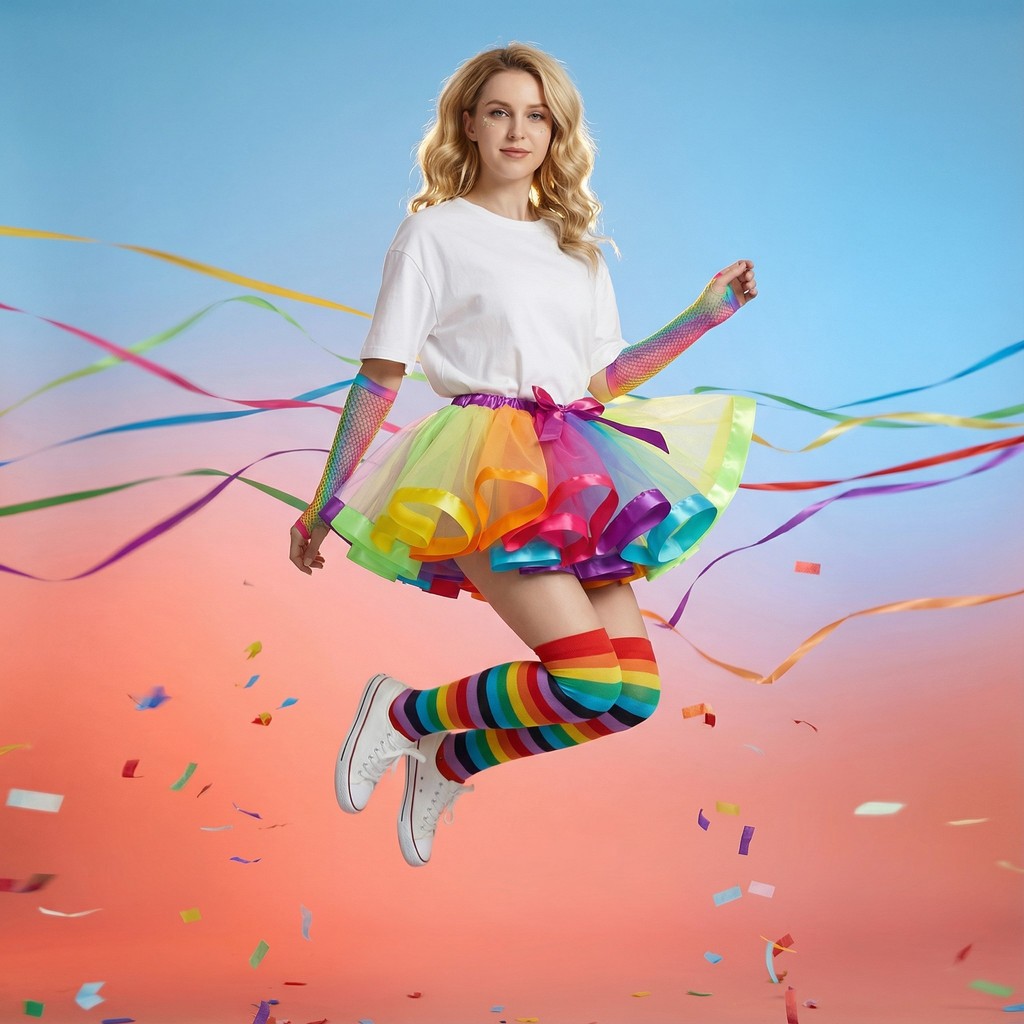 Saia Tule Arco-Íris Colorido Adulto para Festas e Cosplay (Múltiplas Camadas)-40cm