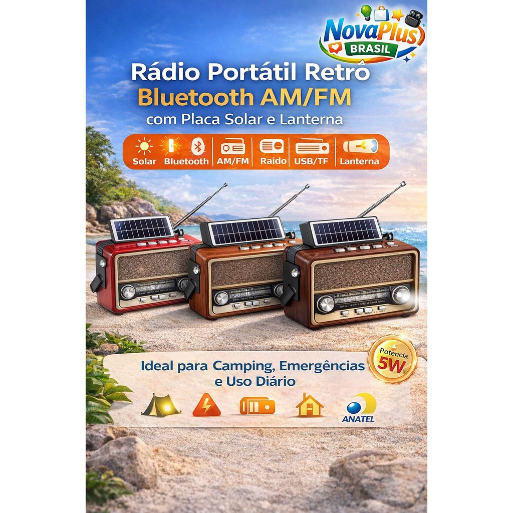 Rádio Retrô Bluetooth AM/FM Portátil – Solar, Lanterna, USB e TF