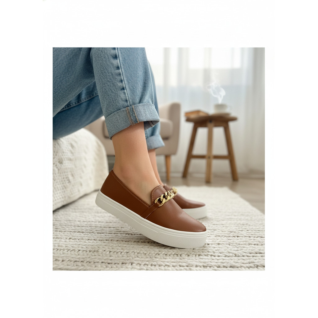 Tênis Feminino Corrente Dynasty Sapatilha Casual Iate Slip On Calce Fácil Confortável