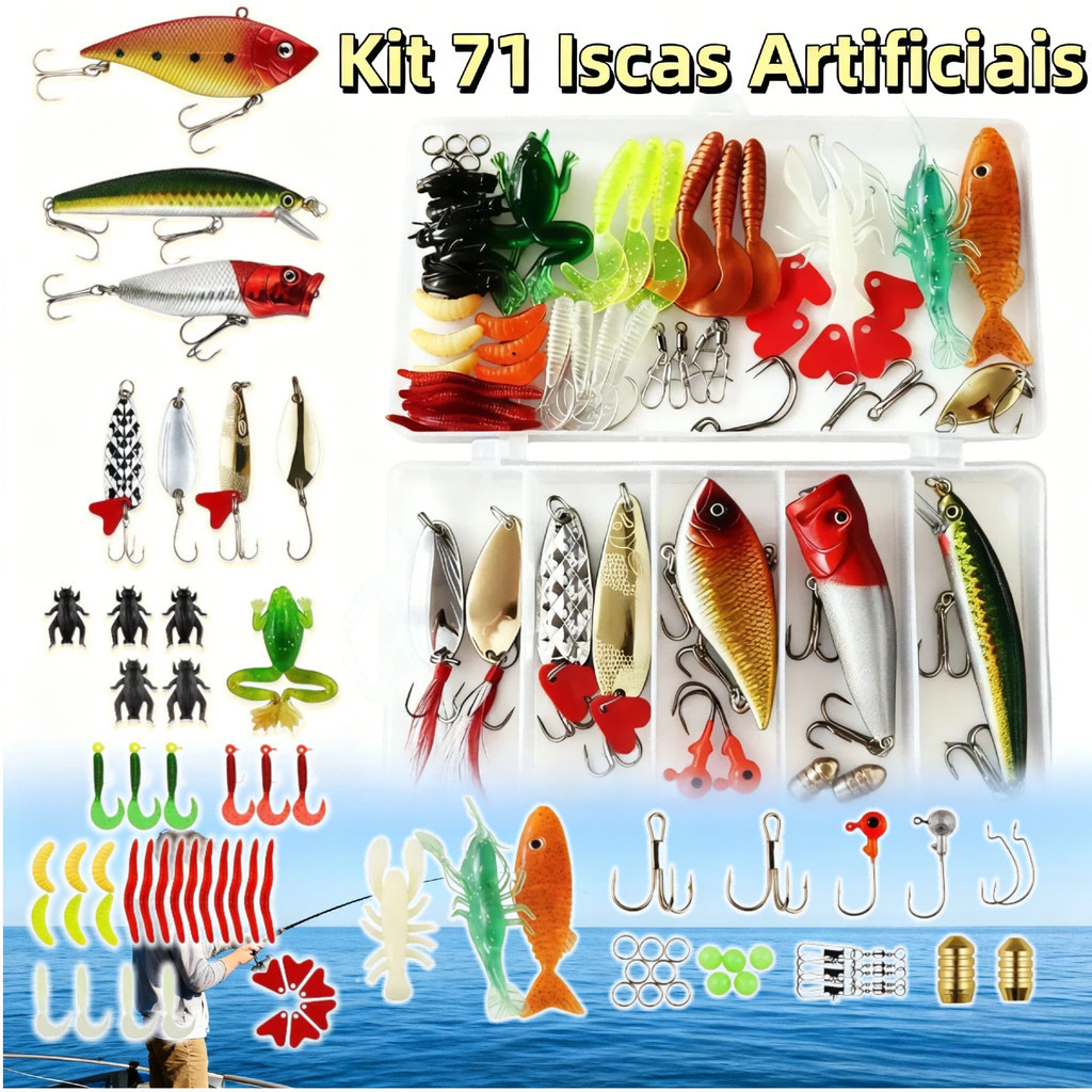 MEDOOSI Kit 71 Iscas Artificiais Premium - Anzol Duplo e Olhos 3D | Meia Água para Pesca de Truta Realista e Peixes