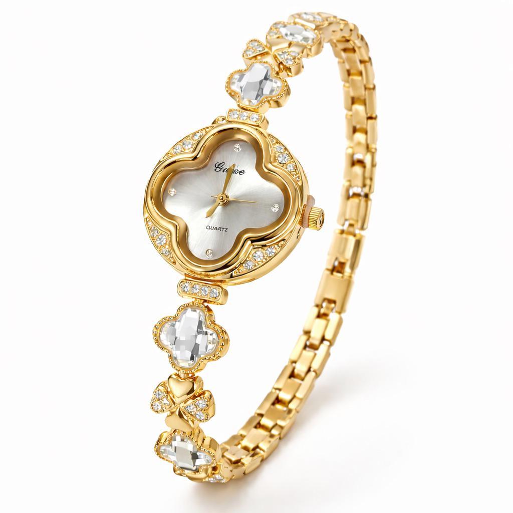 Relógio Feminino Dia Dos Namorados Luxo Dourado Elegante Pulseira Fina Ajustável Aço Inox Com Pedras Presente Dourado Fe