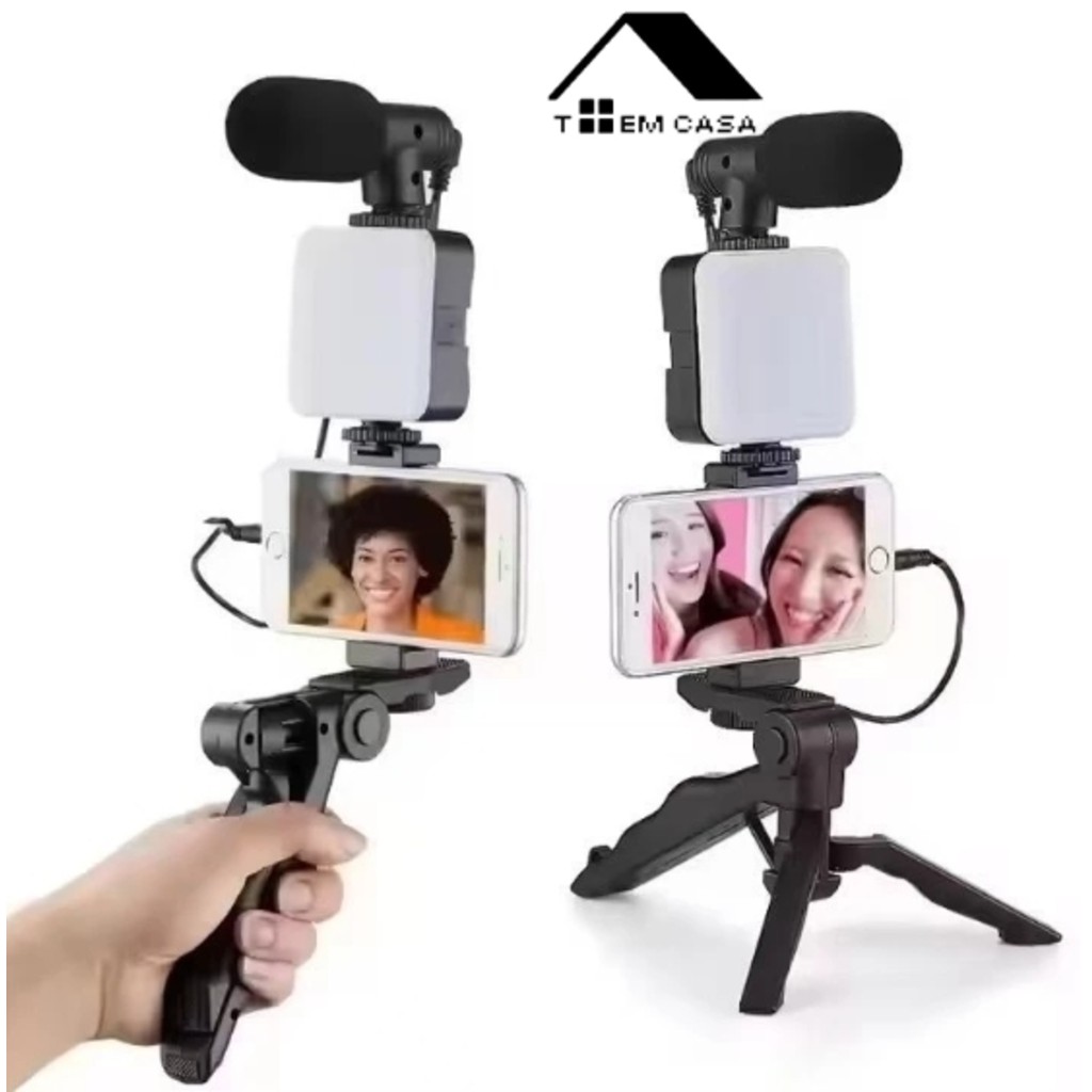 Tripé Estabilizador de Mão kit 5 em 1 gimbal Microfone Celular Gravação De Vídeo