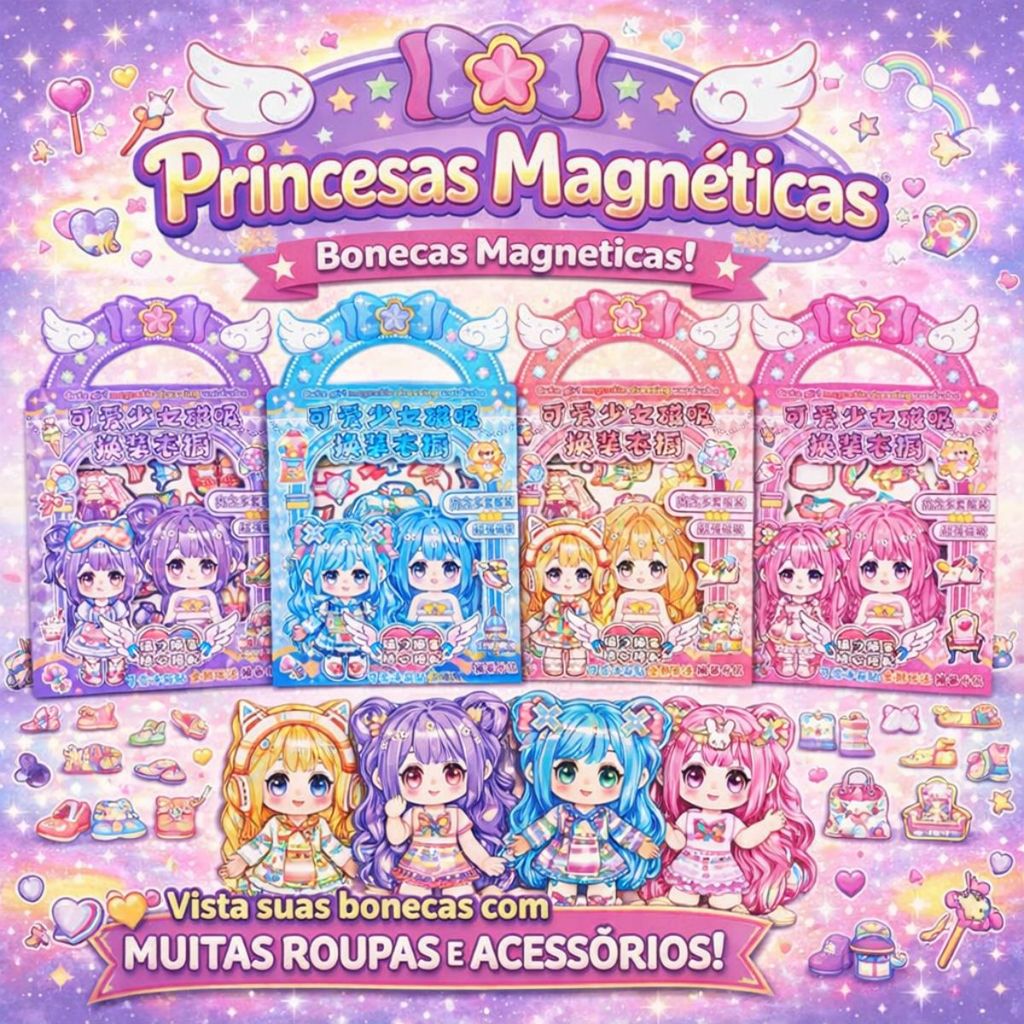 Kit 4 Boneca Princesa De Vestir Magnética Com Roupa Acessório Brinquedo Educativo Adesivos Magnético
