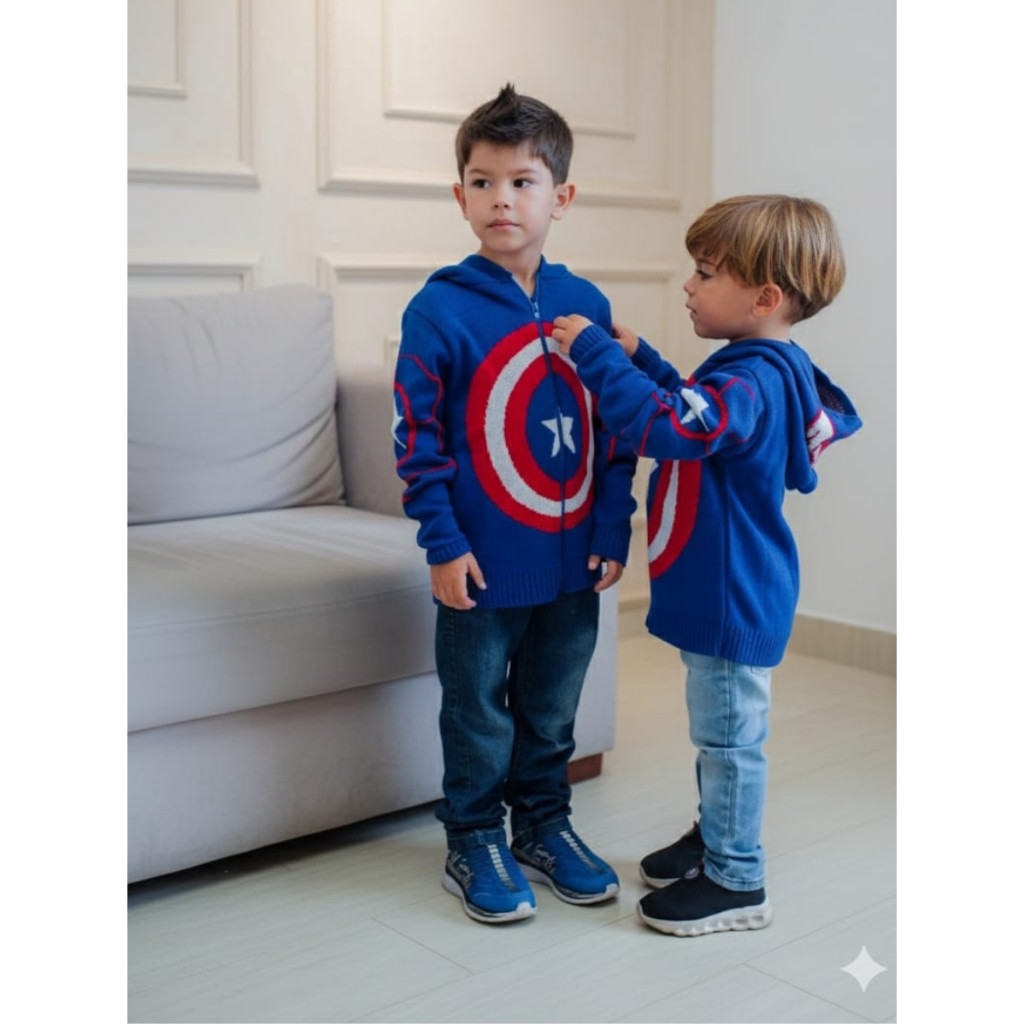 Jaqueta de Tricot Ziper Suéter Infantil Capitão América com Capuz